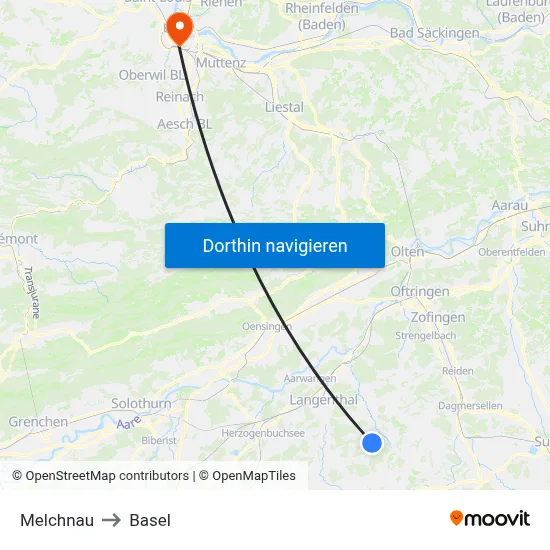 Melchnau to Basel map