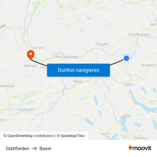 Glattfelden to Basel map