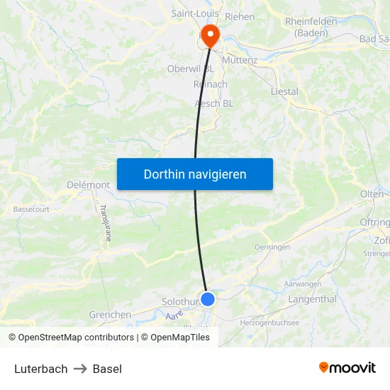 Luterbach to Basel map