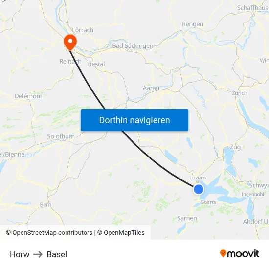 Horw to Basel map