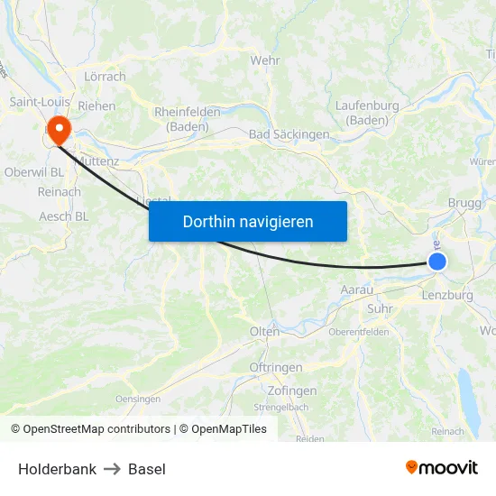 Holderbank to Basel map