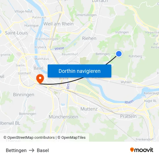Bettingen to Basel map