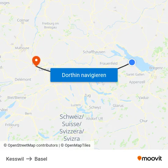 Kesswil to Basel map