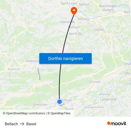 Bellach to Basel map