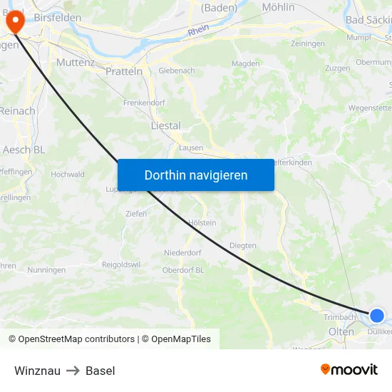 Winznau to Basel map