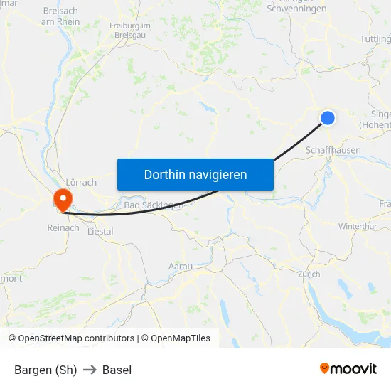 Bargen (Sh) to Basel map