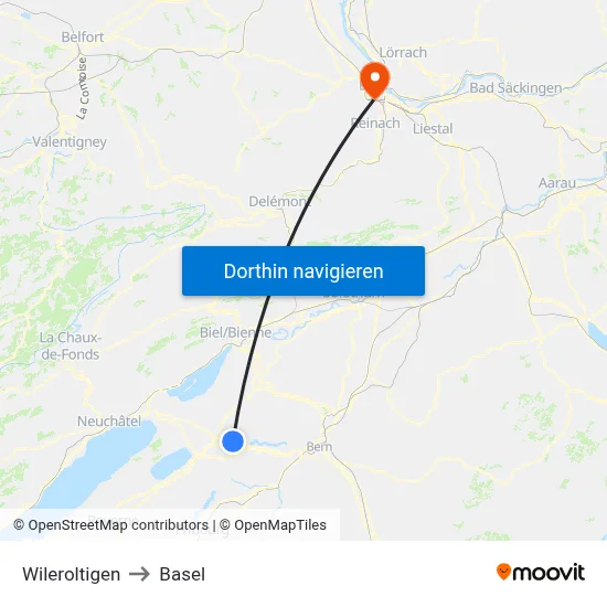 Wileroltigen to Basel map