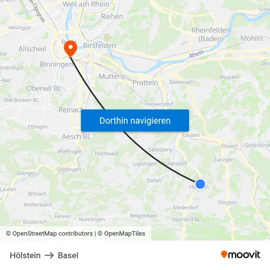 Hölstein to Basel map