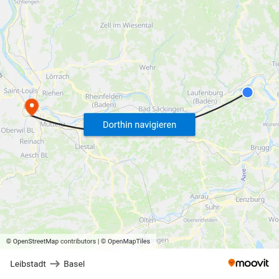 Leibstadt to Basel map