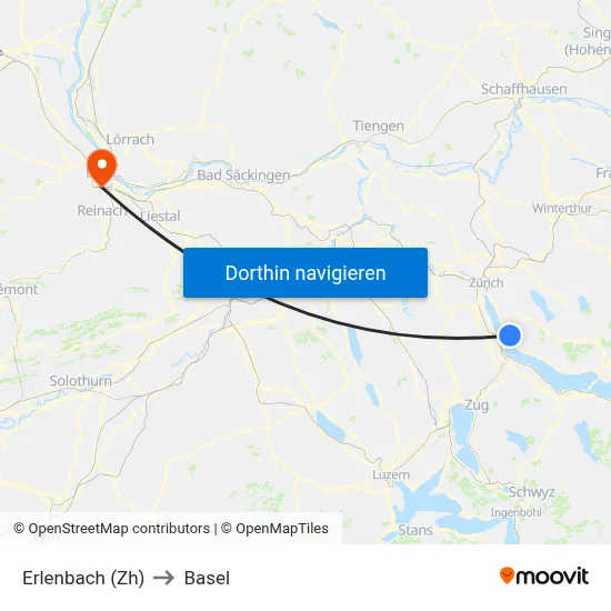 Erlenbach (Zh) to Basel map