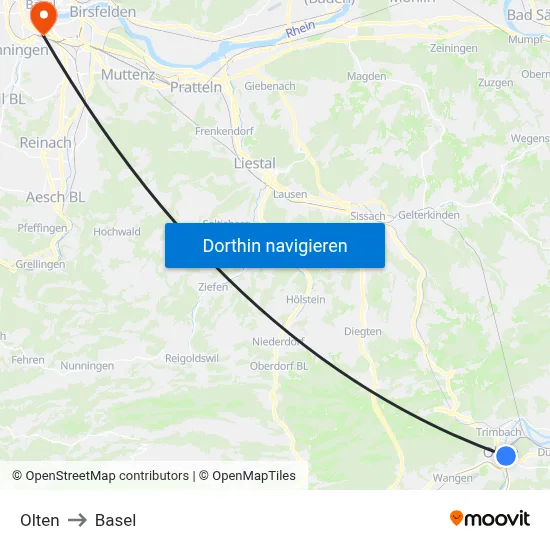 Olten to Basel map