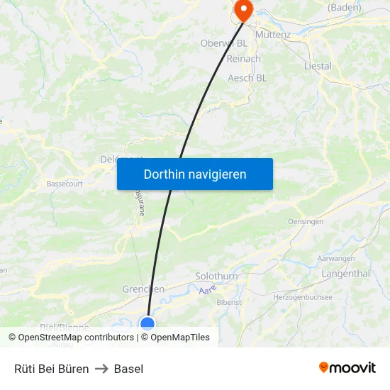 Rüti Bei Büren to Basel map