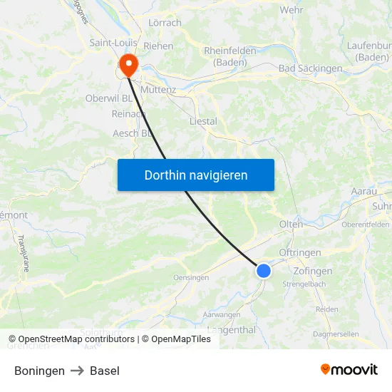 Boningen to Basel map