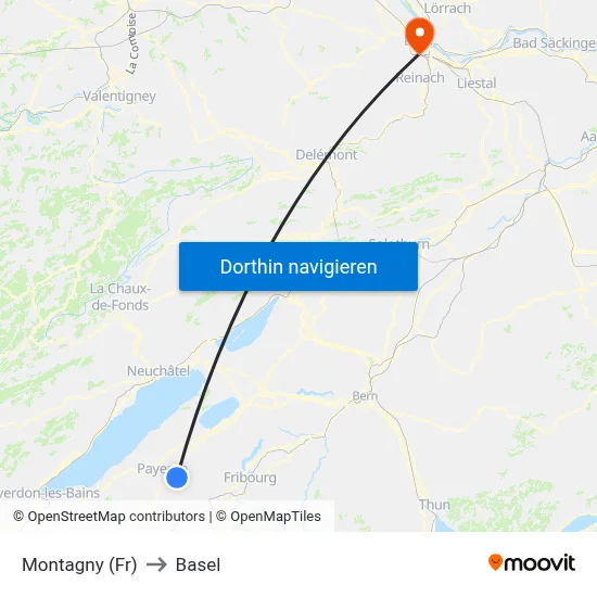 Montagny (Fr) to Basel map