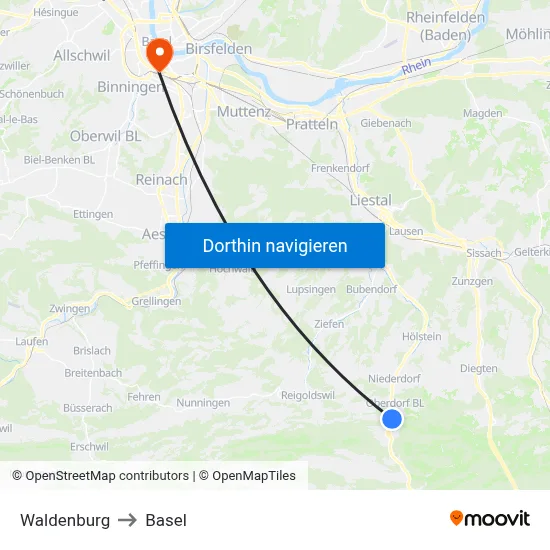 Waldenburg to Basel map