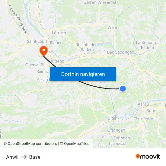 Anwil to Basel map