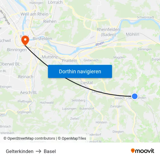 Gelterkinden to Basel map