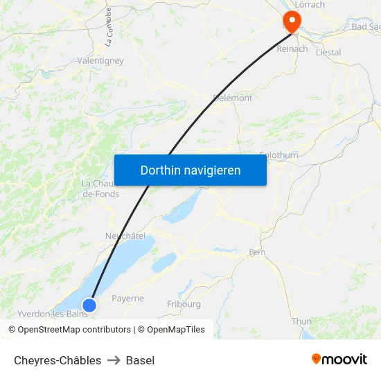 Cheyres-Châbles to Basel map