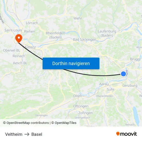 Veltheim to Basel map