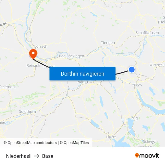 Niederhasli to Basel map