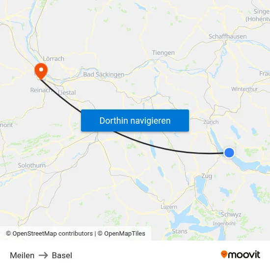Meilen to Basel map