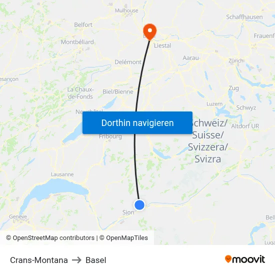 Crans-Montana to Basel map