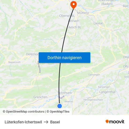 Lüterkofen-Ichertswil to Basel map