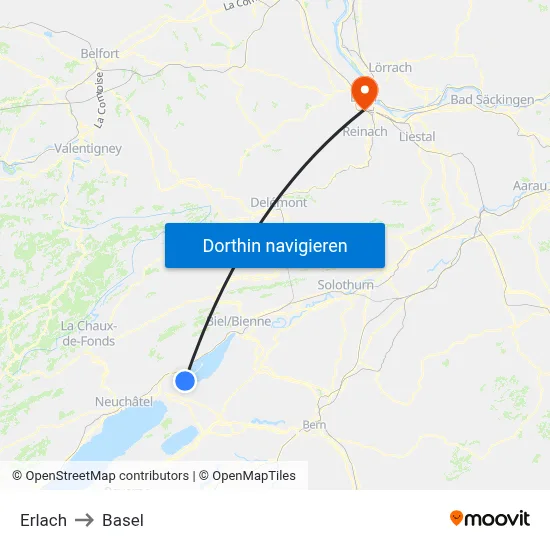 Erlach to Basel map