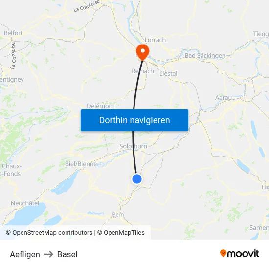 Aefligen to Basel map