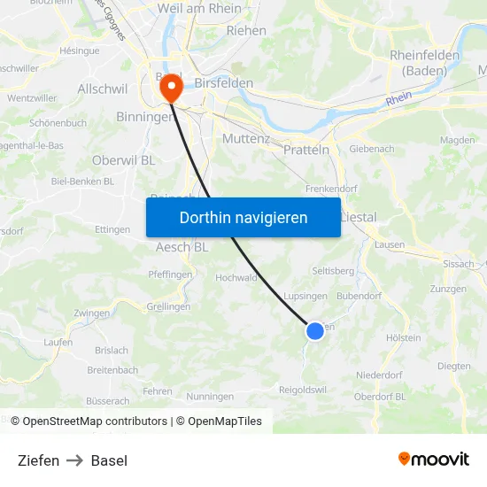 Ziefen to Basel map