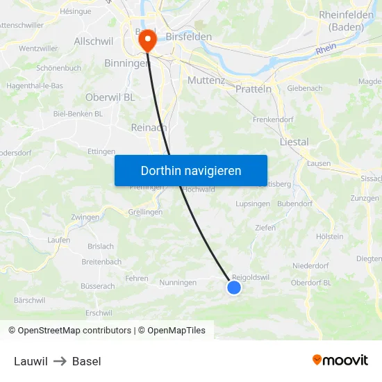 Lauwil to Basel map