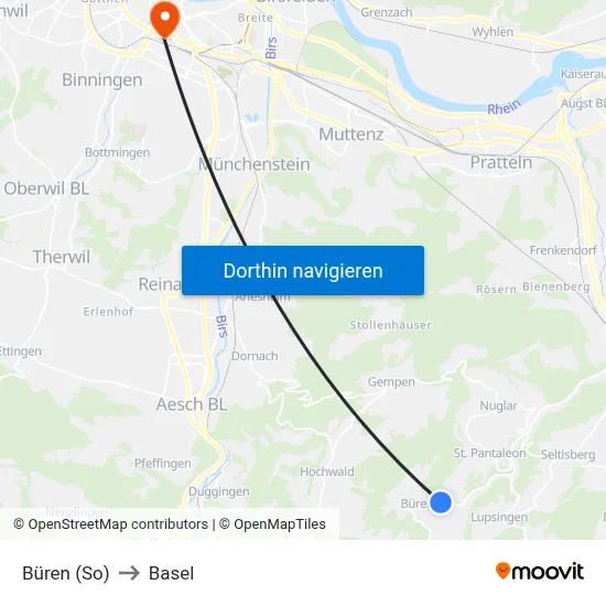 Büren (So) to Basel map