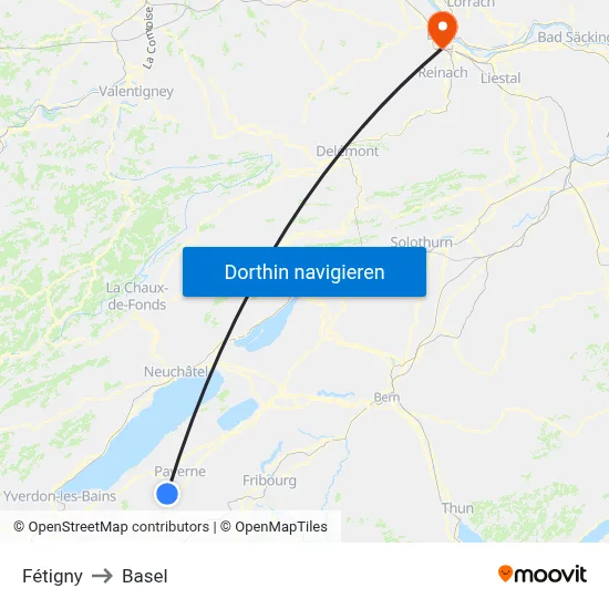 Fétigny to Basel map