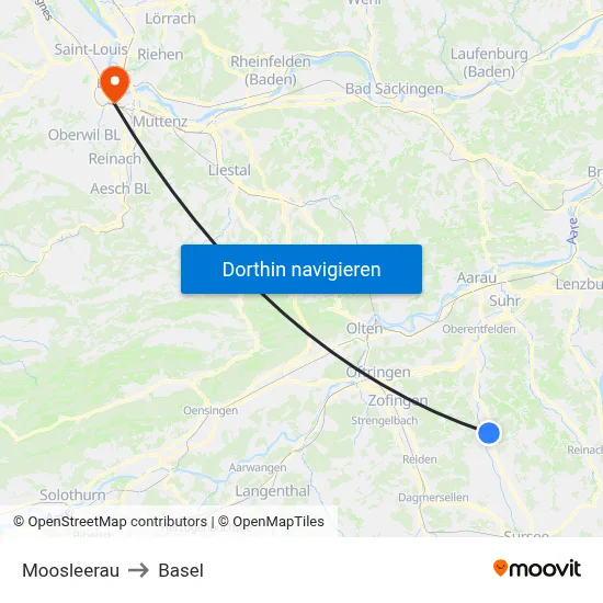 Moosleerau to Basel map