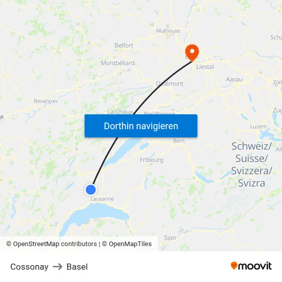 Cossonay to Basel map