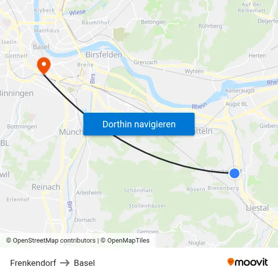 Frenkendorf to Basel map