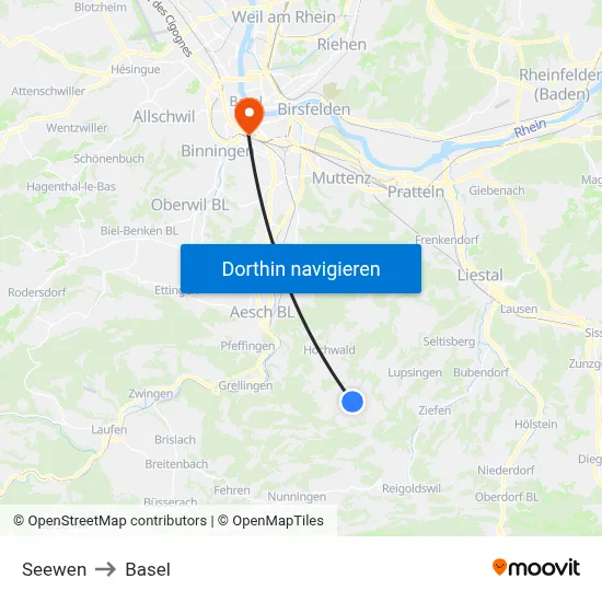 Seewen to Basel map
