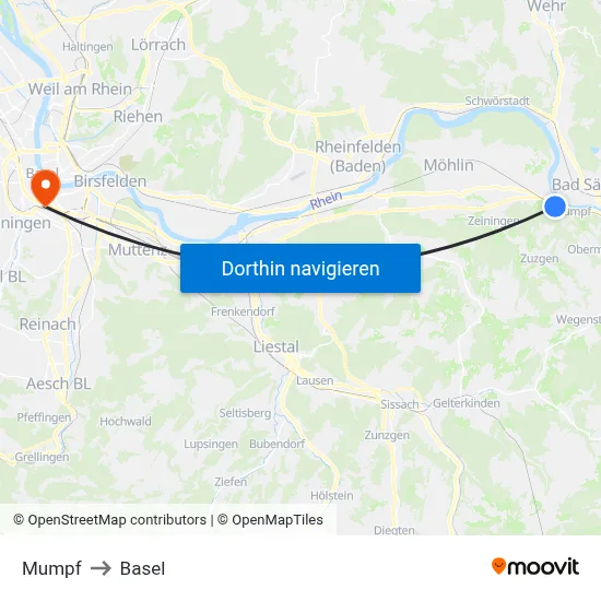 Mumpf to Basel map