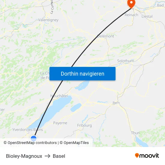 Bioley-Magnoux to Basel map