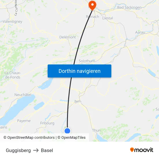 Guggisberg to Basel map