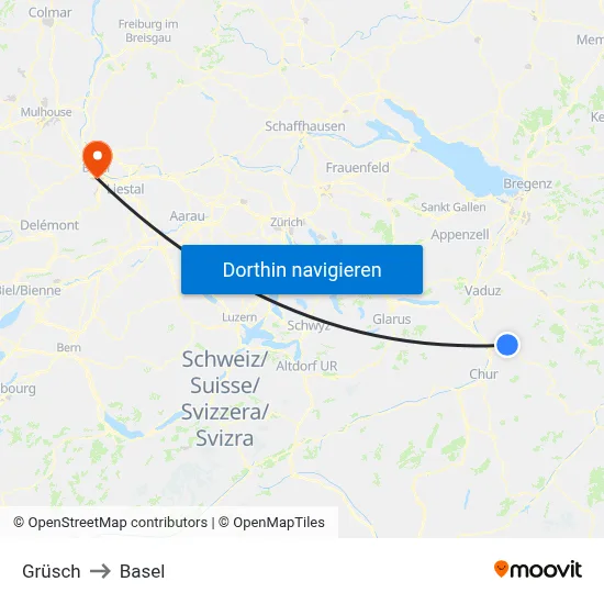 Grüsch to Basel map
