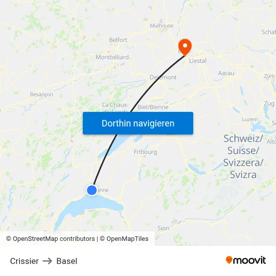 Crissier to Basel map