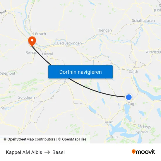 Kappel AM Albis to Basel map