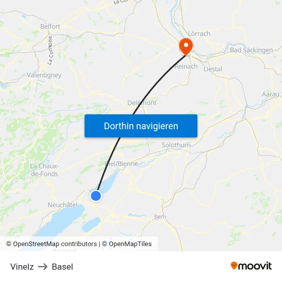 Vinelz to Basel map