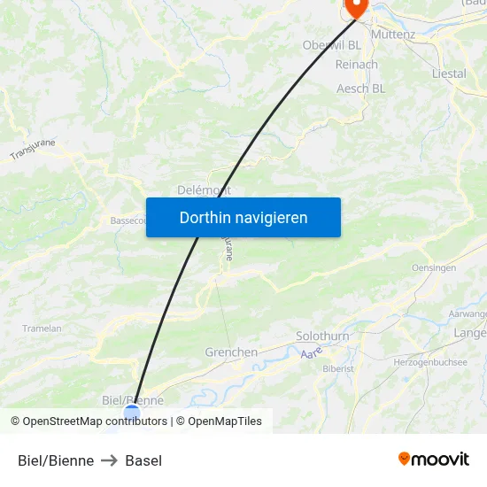 Biel/Bienne to Basel map