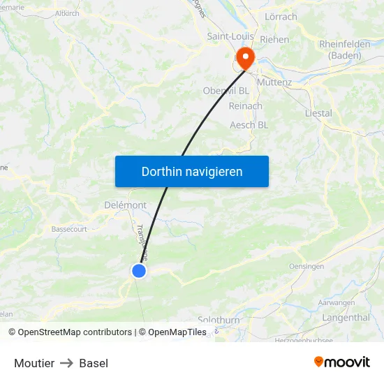 Moutier to Basel map