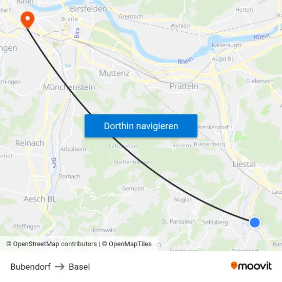 Bubendorf to Basel map