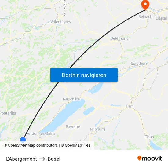 L'Abergement to Basel map