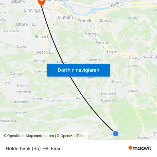 Holderbank (So) to Basel map