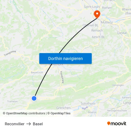 Reconvilier to Basel map